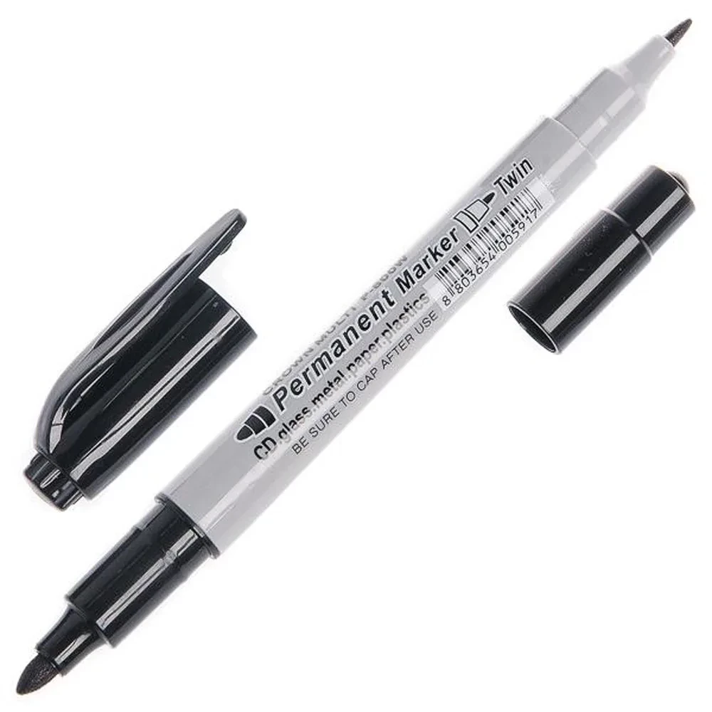 Маркер перманентный Crown Multi Marker Twin пулевидный, двухсторонний, толщина линии - 2 мм / 1 мм, цвет - черный