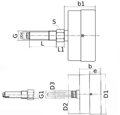 Термоманометр Росма ТМТБ-41Т.1 (0-120°C) (0-0.25MПa) G1/2 2.5, корпус 100мм, тип - ТМТБ-41T.1, длина клапана 46мм, до 120°С, осевое присоединение, 0-0.25MПa, резьба G1/2, класс точности 2.5