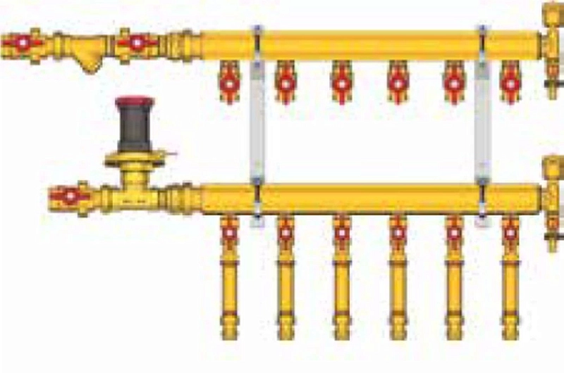 Узел коллекторный отопления Giacomini GE553-B1(D2) 1″ Ду25 Ру10 GE553Y403 отводов - 3 x1/2″ подключение к системе с регулятором перепада давления, этажный, подключение к потребителям тип B1