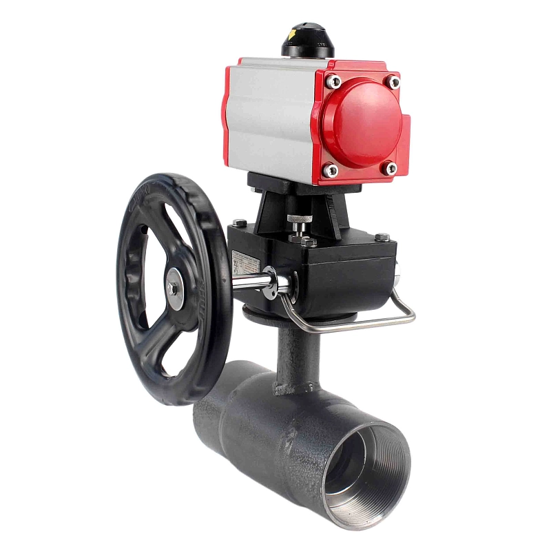 Кран шаровой ALSO КШ.М.Р.065.25-01 2 1/2″ Ду65 Ру25 стандартнопроходной, внутренняя резьба, корпус - сталь 20, уплотнение - PTFE, управление - пневмопривод PA-DA-083 с ручным дублером HDM-2